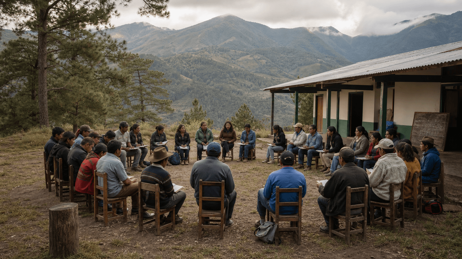 A community assembly gathered in the open on the Vega Alta Ridge