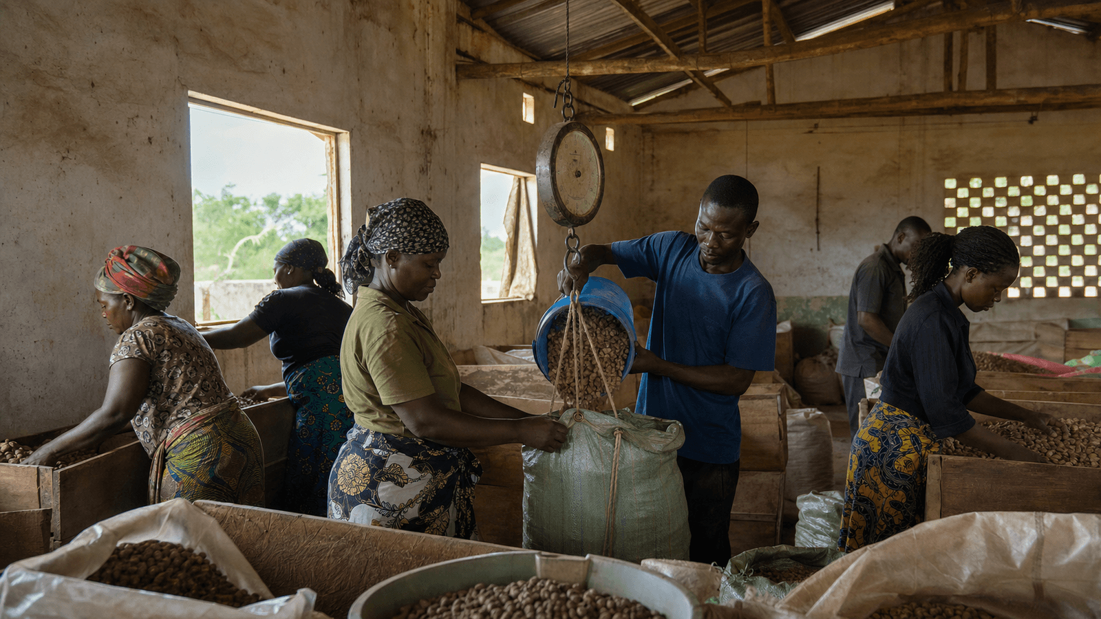 Sorting and weighing groundnuts at a cooperative store in the Chansolo Basin