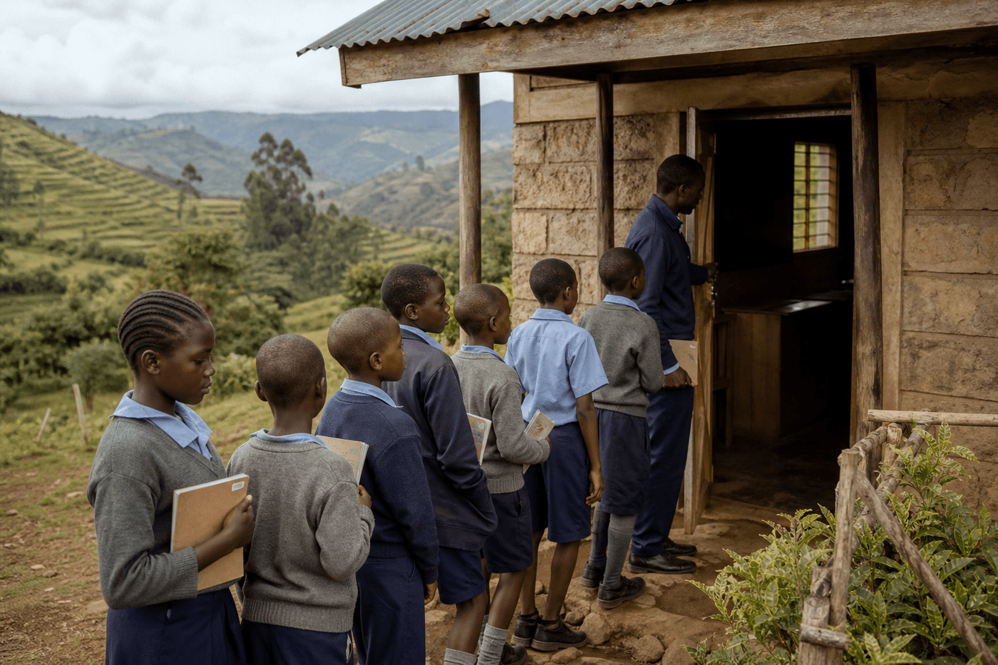 A morning class assembling outside a community school in the Nyakura Highlands