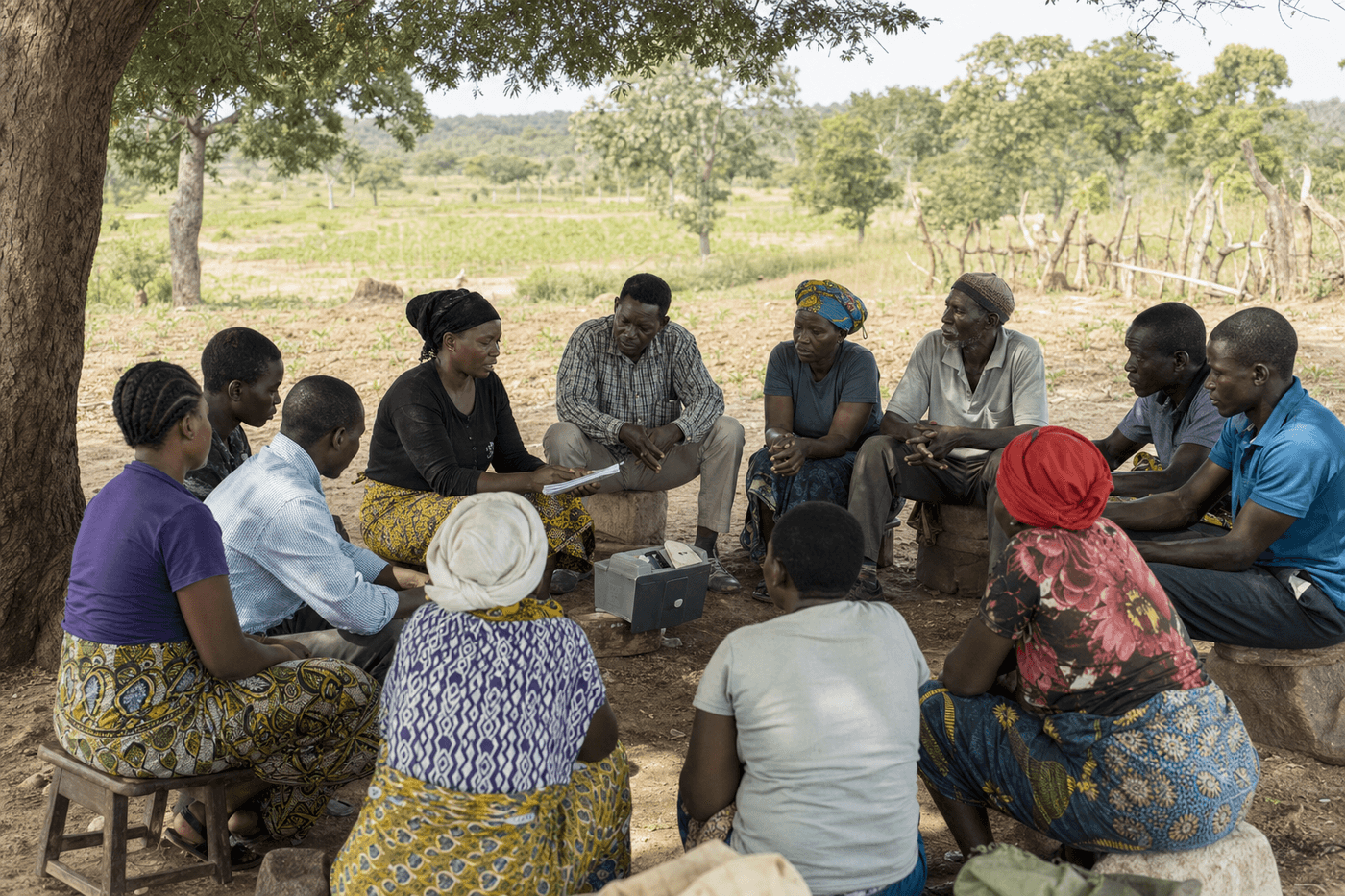 Members of a savings federation meeting under shade in the Chansolo Basin