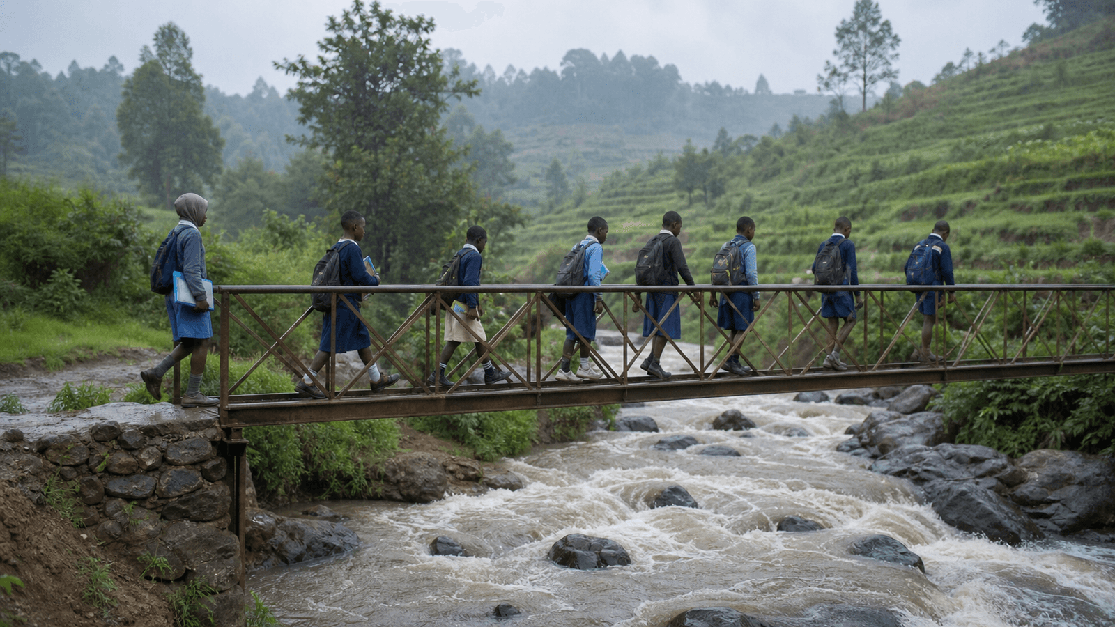 Pupils crossing a footbridge above the swollen Ngeta river on the way to school