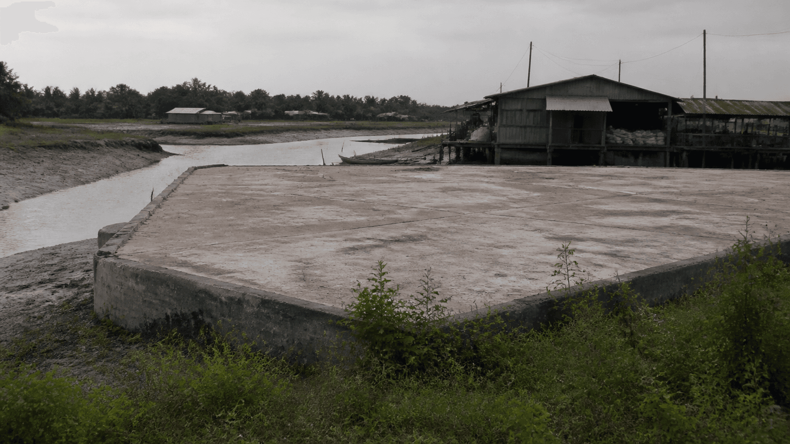 A concrete drying floor beside tidal channels, unused, in the Sumarai Delta