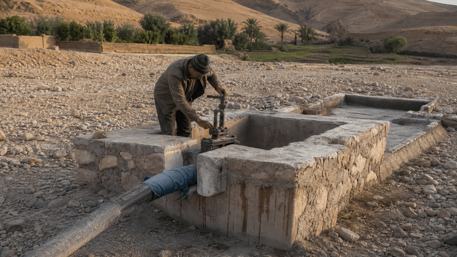 A rebuilt water intake structure on a dry riverbed in the Tazgart Plain