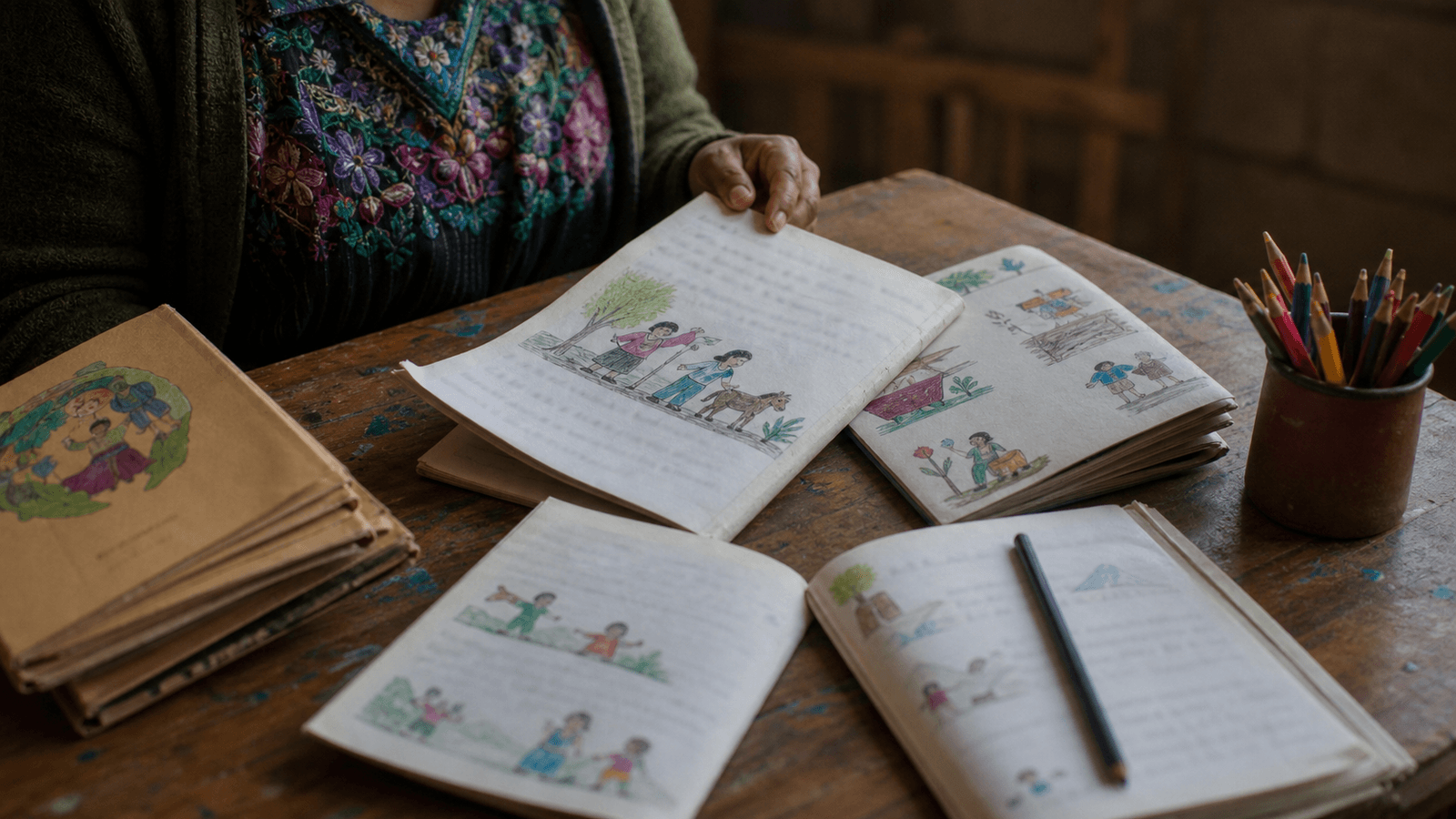 Hand-illustrated mother-tongue primers stacked on a wooden classroom desk