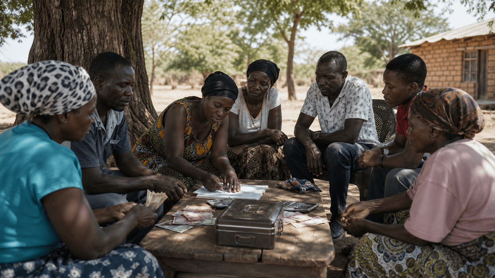 Members of a savings group counting contributions at a meeting under a tree