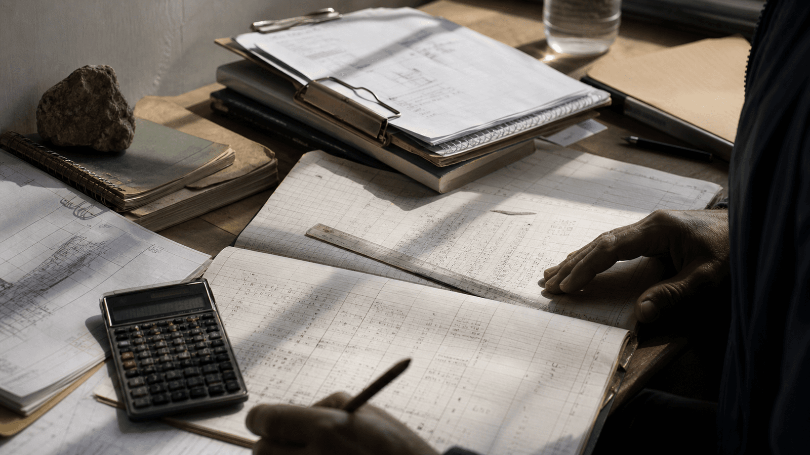 Working papers and annotated programme records on a desk in the Lisbon office