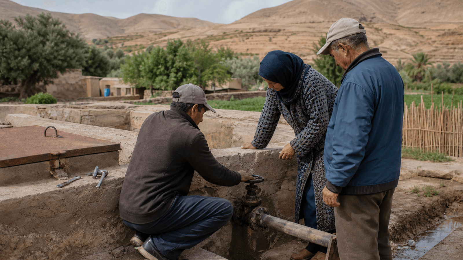 A village water committee inspecting a spring-fed storage tank in the Tazgart Plain