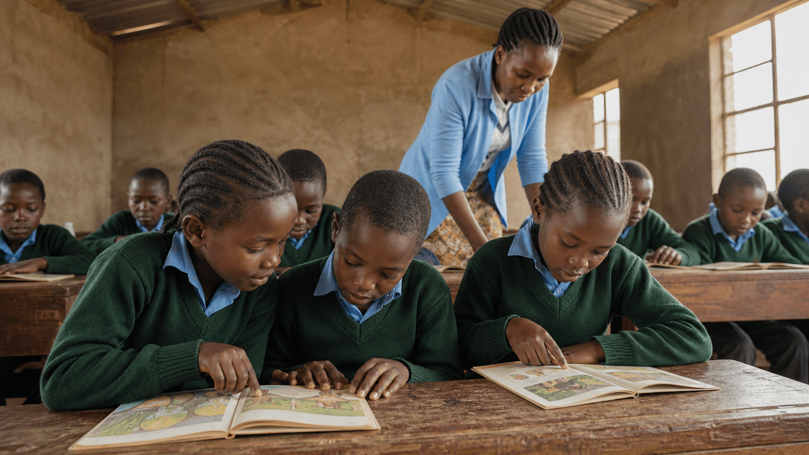 Pupils reading mother-tongue primers at a Fieldstone partner school