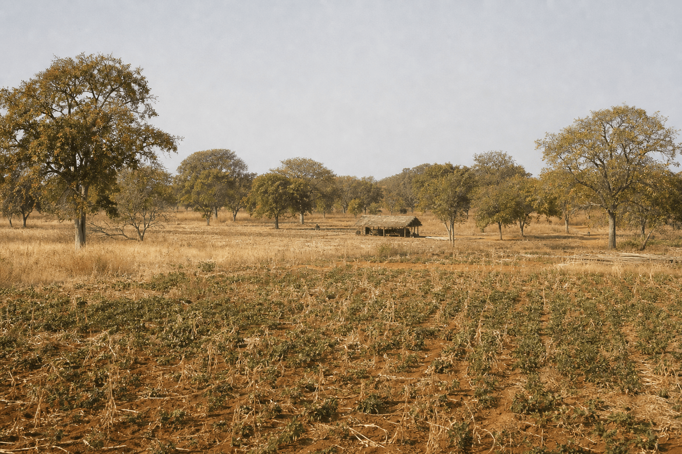 Open miombo woodland and cultivated plots across the Chansolo Basin at the end of the dry season