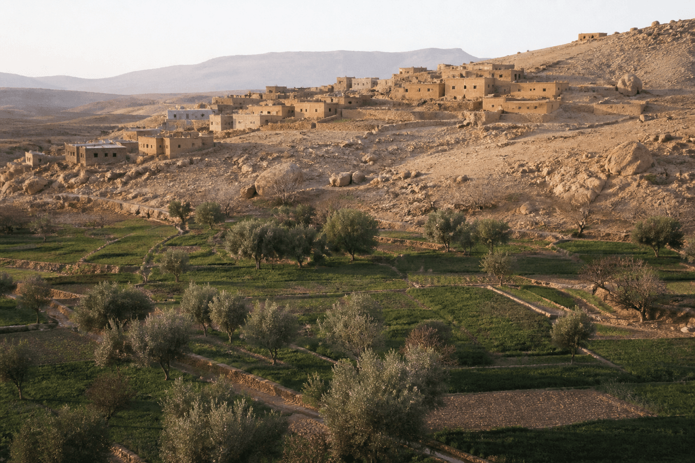 Irrigated gardens against dry hills on the Tazgart Plain in late light